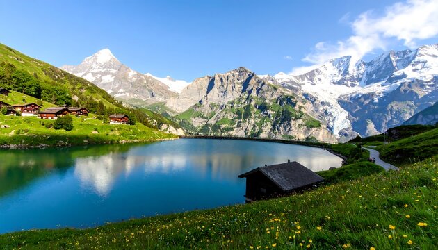 A serene alpine lake nestled among rolling hills, reflecting snow-capped mountains under a vibrant blue sky.