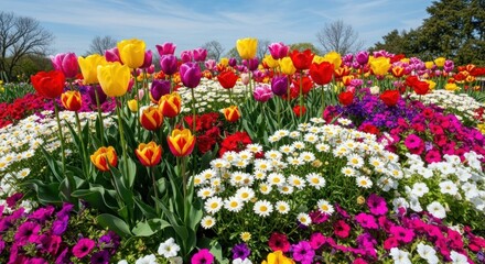 Fototapeta premium A vibrant floral display bursts forth, showcasing various colorful blooms under a clear blue sky. Tulips, daisies, and petunias form a vivid landscape