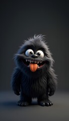 Fototapeta premium A cute and fluffy black monster with a funny face, sticking its tongue out, perfect as a playful phone wallpaper background