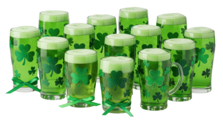 Celebratory Green Beer Mugs with Clover Leaf Design St. Patrick’s Day Theme Isolated on Transparent Background PNG