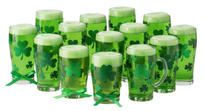 Celebratory Green Beer Mugs with Clover Leaf Design St. Patrick’s Day Theme Isolated on Transparent Background PNG - Powered by Adobe