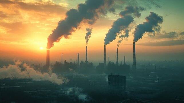 A dramatic sunset casts orange hues over industrial smokestacks releasing plumes of smoke, highlighting environmental pollution in a urban landscape.