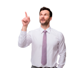 Man in formal attire pointing upward on transparent background, PNG