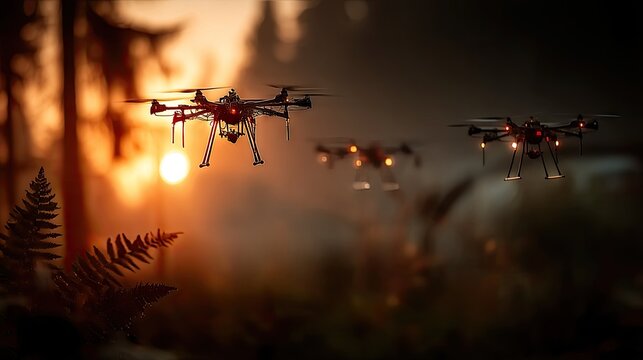 Drones Swarm Collaboration in Forest at Sunset
