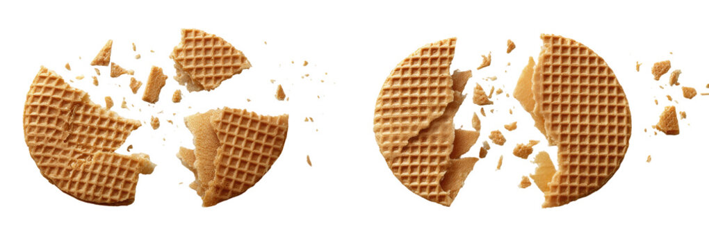 Two broken waffle cookies against a black background