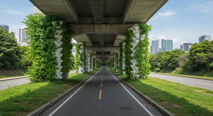 Green urban infrastructure with a road and buildings under a concrete overpass covered in ivy