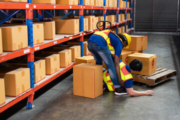Workplace accident in a warehouse, a worker helping an injured colleague on the floor. Concept of...