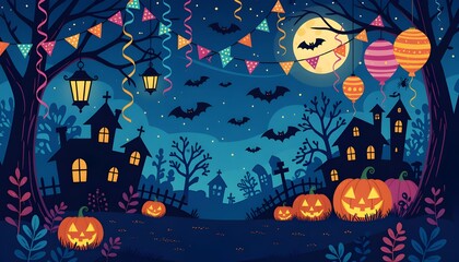 Spooky Halloween Castle with Full Moon, Flying Bats, and Glowing Jack-o'-Lanterns &ndash; Haunted Cemetery Scene, Nighttime Fantasy Landscape, Cartoon Style, Holiday Background, Digital Illustration