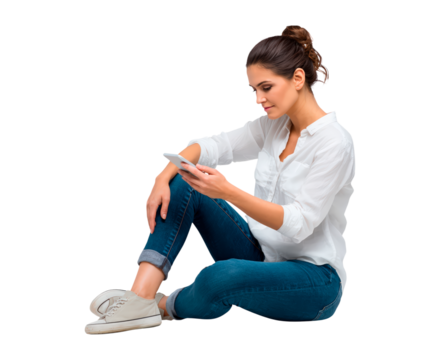 Woman sitting in casual attire using smartphone on transparent background, PNG