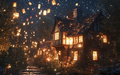 Naklejka premium Side view of a quaint farm with glowing books floating in the air, illuminating the night sky, bridging old and new, magical harmony