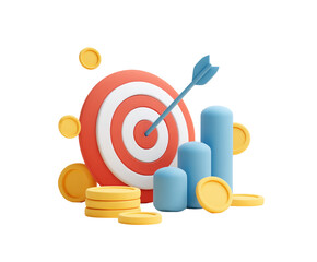3D illustration of a target with an arrow, stacked coins, and bar graphs, implying financial goals