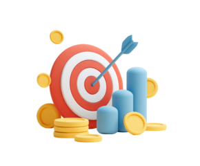 3D illustration of a target with an arrow, stacked coins, and bar graphs, implying financial goals