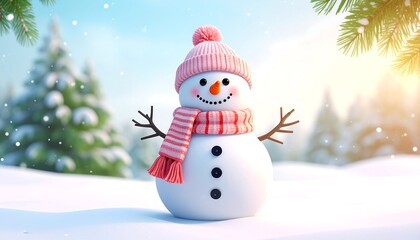 Fototapeta premium A cheerful snowman, adorned with a pink hat and scarf, stands in a snowy winter landscape.