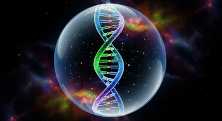 A dna strand inside a bubble floating in space with colorful nebula and star background