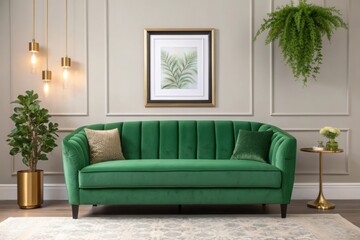 Obraz premium Plush green sofa with gold accents in a stylish living room setting couch
