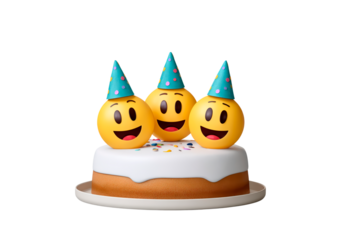 Celebration cake with smiling emoji faces and party hats on transparent background, PNG