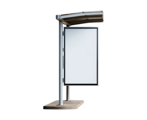 Modern blank bus stop signage with metal frame and shelter on transparent background, PNG