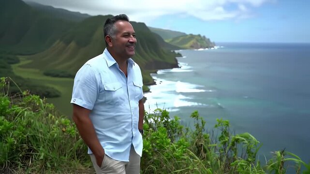 Man in Light Blue Shirt Posing on Cliffside Overlooking Ocean with Green Cliffs and Grass in Sunny Weather