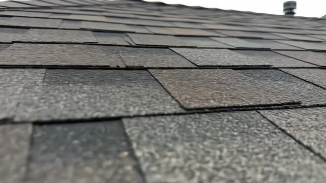 Close-up view of a roof covered in overlapping gray shingles, slightly angled upwards. A vent pipe is visible