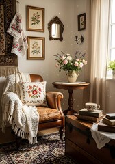 Cozy Vintage Living Room Interior with Armchair and Flowers.