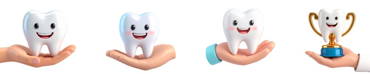 Happy tooth character healthy white tooth dentist hand dental care oral hygiene smiling cartoon style trophy award success motivation isolated on transparency background