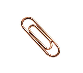 A rose gold paperclip, angled,  with a smooth, polished surface