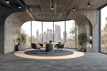 Circular conference room with city views and modern design.