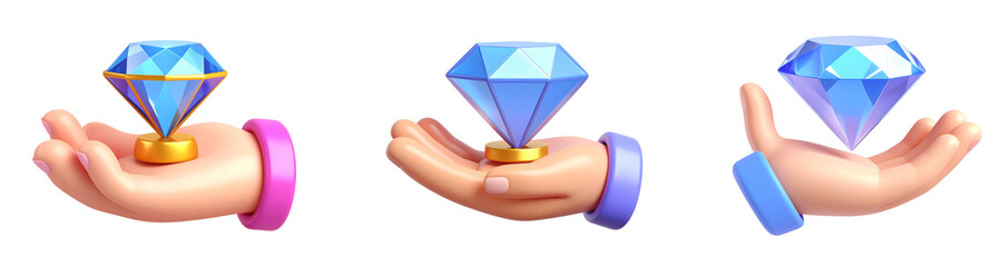 Hand holding blue diamond 3D illustration isolated on transparent background luxury wealth precious gemstone cartoon style creative concept sparkling elegant success opportunity