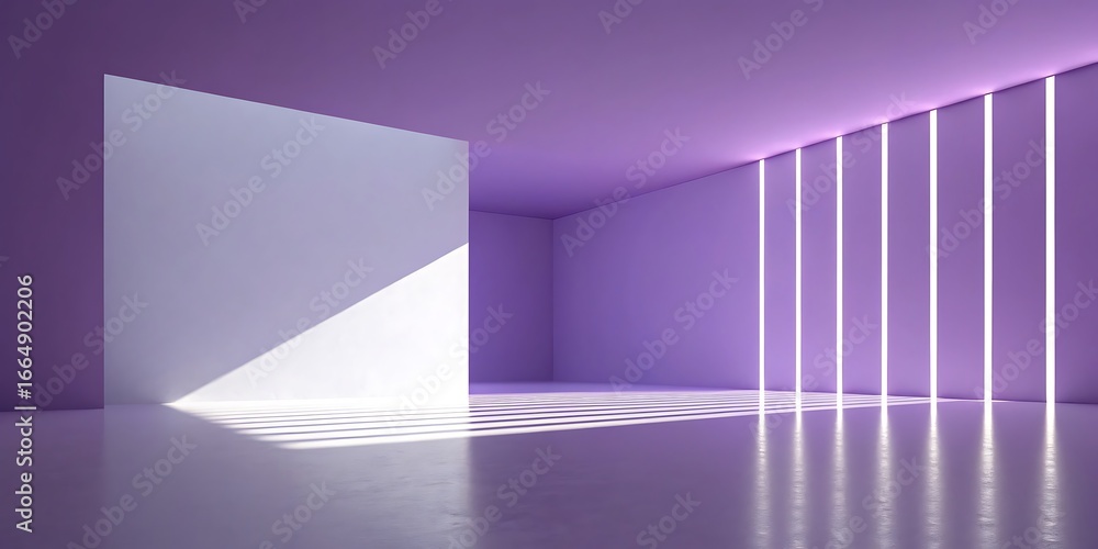 Aufkleber minimalist purple room with white square and vertical light beams creating a modern and abstract int