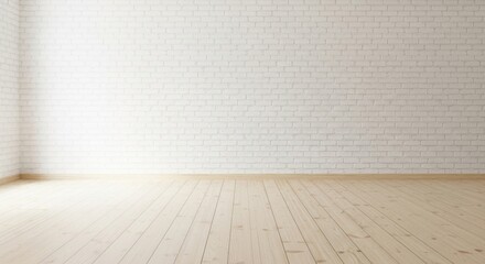 Bright empty room with white brick walls and light wood floor, sunlit and clean