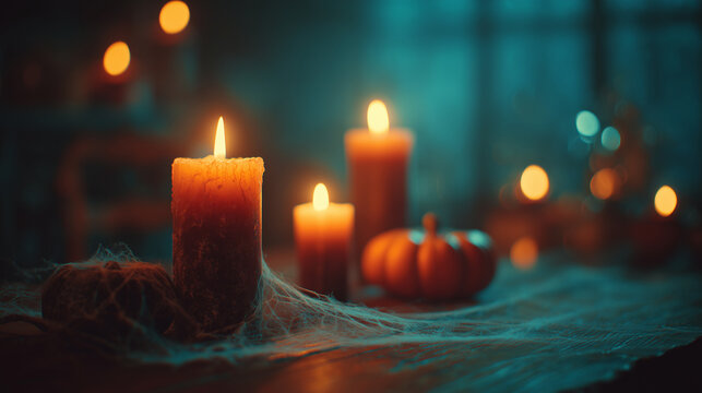 halloween background with glowing candles and pumpkins, cozy autumn still life with spider webs, perfect for seasonal invitations, posters and festive designs