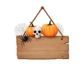 Halloween wooden sign with pumpkins, skull, spider, and webs for spooky decoration on transparent background, PNG