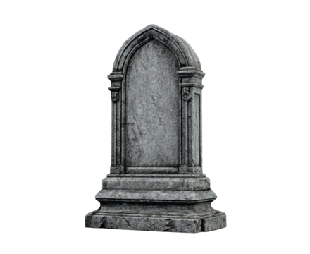 Stone gothic tombstone with arched design and ornate details set on transparent background, PNG