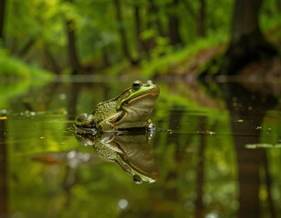 A calm green frog on a mossy rock