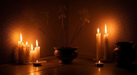Candles and incense in dark room