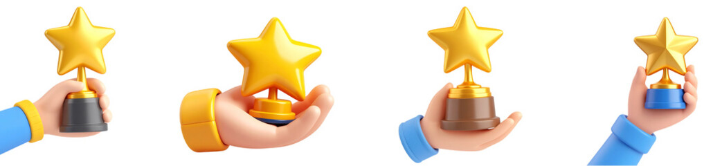 Hand holding gold star trophy cartoon style isolated on transparency background symbolizing achievement success reward motivation encouragement and celebration in cheerful way