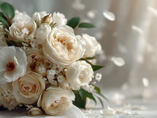 Obraz premium Delicate white rose bouquet with ethereal petals and soft background creating a romantic atmosphere