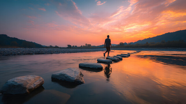 Man carefully crossing a river by walking on stones at sunset, embodying patience, self discovery and personal growth, searching for a new path