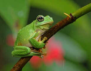 Obraz premium Realistic Green Frog Resting on a Tree Branch