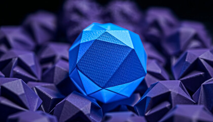 Abstract blue geometric sphere on purple polygon background, modern 3D digital art