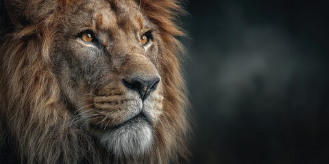 Fototapeta premium Majestic lion gazing intently in the twilight, showcasing its powerful presence and stunning mane