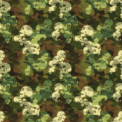 Skull-themed pixel camo background in army green. Seamless repeating pattern. Stock vector illustration for your design.