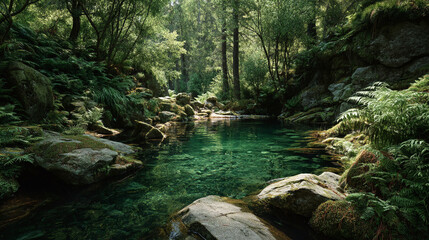 A tranquil forest scene featuring a clear pond surrounded by lush greenery and rocks covered