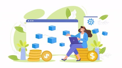 Woman working on a laptop, surrounded by floating cubes, coins, and a website interface. - Powered by Adobe