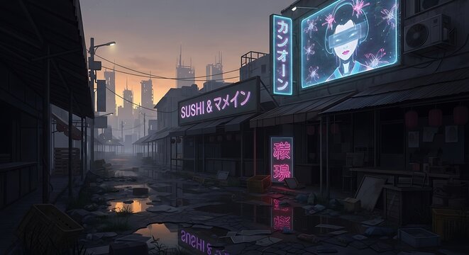 Gloomy and atmospheric back alley of a futuristic cyberpunk city with glowing neon signs reflecting on the wet, deserted street - Powered by Adobe