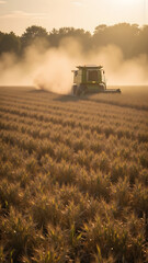 Fototapeta premium Mähdrescher bei der Ernte im Sonnenlicht - Cooles Wallpaper - Magisches Hintergrundbild