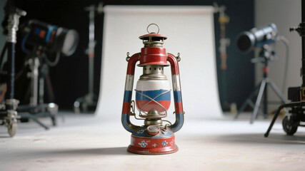 Antique Russian lantern in a professional studio setting ready for a product shoot, evoking nostalgia and heritage, ideal for travel or historical themed projects