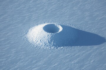 Snow-covered crater in a vast expanse of ice.