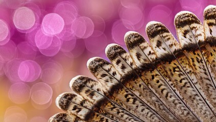 Close-up view of a fan of patterned bird feathers.