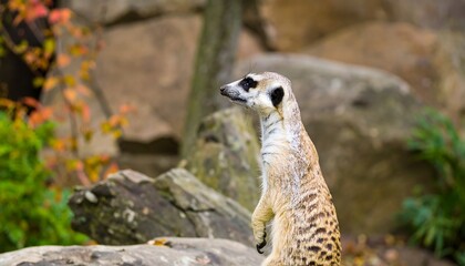 Fototapeta premium A watchful meerkat stands alert, observing its surroundings in a natural habitat.